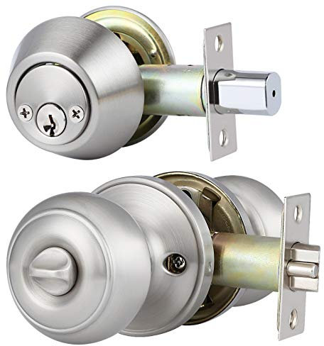 5 Pack Keyed Alike Entry Door Knob and Deadbolt Set in Satin Nickel, Double Cylinder Deadbolt Door Lockset for Entrance Exterior Gate and Front Door