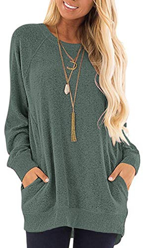 AUSELILY Långärmad damtröja, rund hals, t-shirt, blusar, tunika, tröja, tröja med fickor, Skoggrön, S