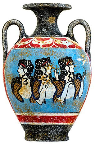 Jarrón de cerámica de cerámica con ánfora minoica griega antigua hecha a mano con mural de fresco, para damas en azul