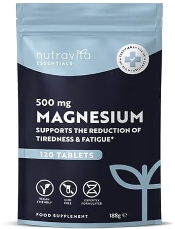 Magnesium Supplements 500mg - 120 Vegan High Strength Tablets – 4 Month Supply – Supports Muscle Function, Tiredness, Energy, Bones, Nervous System - Letterbox Friendly - UK Made - Nutravita