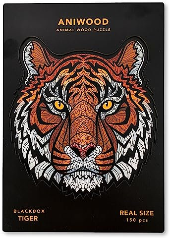 ANIWOOD Holzpuzzle Erwachsene Tieren. Gestanzter Deckel, Lebensgroße Puzzle-Box. 3 Schwierigkeitsmodi, dekoratives Element. Einzigartige Puzzleteile (Tiger, M)