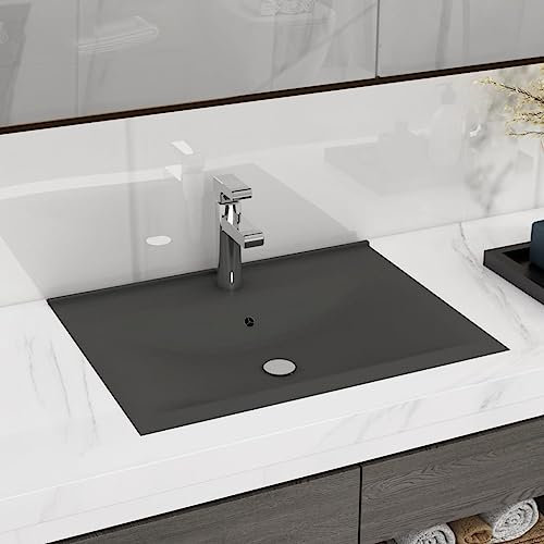 HIGSOSE Lavabo con Foro Rubinetto Opaco 60x46 cm Ceramica Lavandino Bagno Lavabo Sottopiano Lavabo da Incasso Bagno Lavabo Bagno Sospeso Mobile Sospeso Bagno Grigio Scuro Lavatoio Ceramica