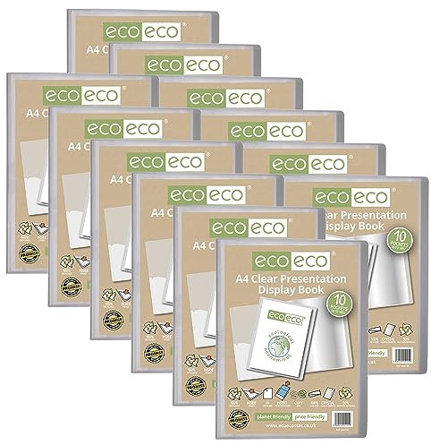 eco-eco Präsentationsbuch, A4, 50% recycelt, 10 Taschen, transparent, Aufbewahrungsbox, Portfolio-Kunstmappe mit Kunststoffhüllen, 12 Stück, eco125 x 12