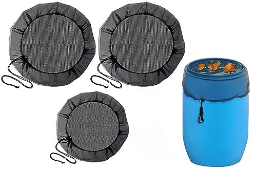 Kellegour 3 Stück Verstellbares Regentonnennetz,Mesh Abdeckung Regentonne,Regentonne Netz Schutz,60cm und 95cm Durchmesser Regentonnen Netz Abdeckung mit Zugkordel,Schutz vor Laub,Stechmücken,Insekt