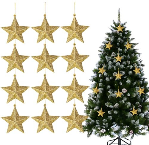 12Pz Ciondoli Natalizi Pendenti Albero di Natale Ciondoli Stelle Glitterate Decorative Stelle per Albero di Natale Decorazioni Natalizie da Appendere Ornamenti Natalizi Accessori Fai da Te (Oro)
