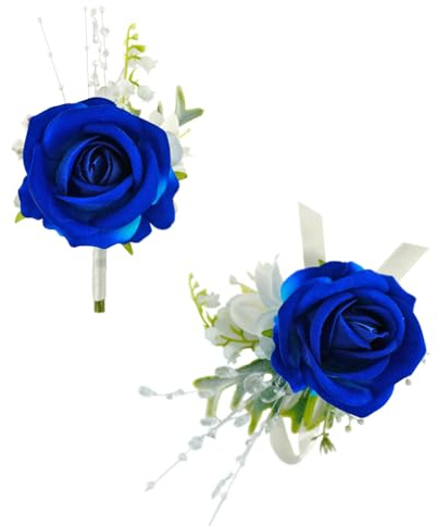 Floinla kungligt blå vit korsett och knapphålsarmband för bröllopsbal, konstgjord ros blomma handled korsett armband, hemkomstkorsett armband, boutonniere för män bröllop kostym dekorationer