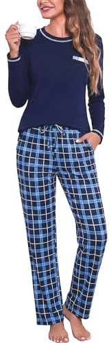Irdcomps Women's Pyjama Sets Cotton Long Sleeve Ladies Pjs Loungewear Soft 2 Pieces Sleepwear Nightwear Top and Plaid Bottom with Pocket Navy, S
