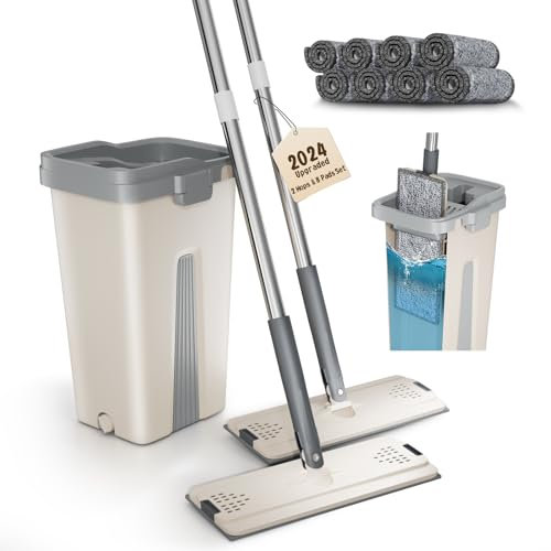 Wischmopp Set mit Eimer, Hände frei Flacher Bodenwischer mit 8 Mikrofaser Pads, Household Reinigungswerkzeug mit 2-Kammer Design Separates sauberes/schmutziges Wasser (Doppelmopp hellgrau)