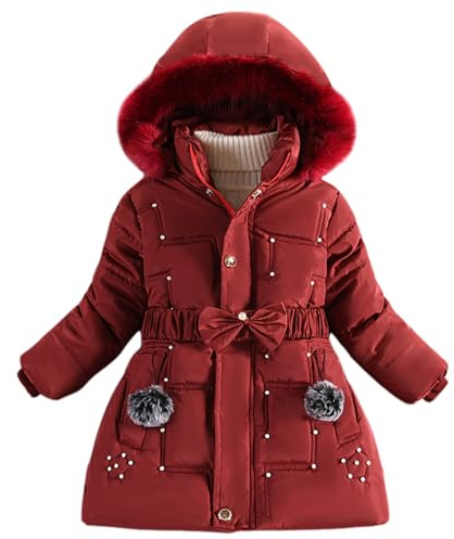 Maeau - Manteau à Capuche Détachable Fille Hiver Veste Mi-longue Chaude Parka Matelassée Doudoune Epaisse Rembourré avec Ceinture Nœud Papillon - Rouge - 8-9 Ans