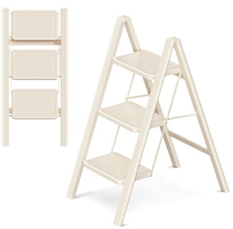 GameGem Escabeau à 3 marches pour adultes, escabeau pliable avec pied sécurisé, pédale élargie, aspect esthétique, se fond directement dans les pièces domestiques, blanc crème
