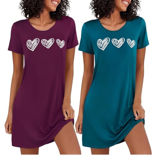 Marvmys Chemise De Nuit Femme en Coton Robe De Nuit à Manches Courtes 2PCS | Vêtement De Nuit Col Rond Imprimé Cœur Deux Pièces S-4XL