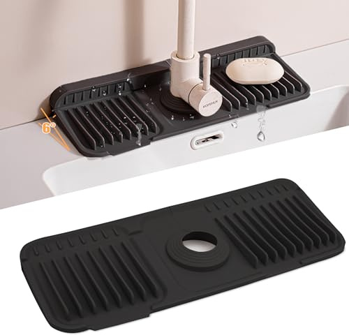 Volminex 6°Slope Sink Splash Guard, Silicone Faucet Mat, Black, 37×14cm