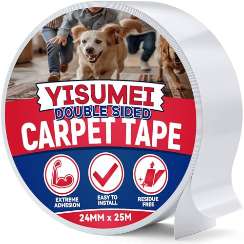 YISUMEI 24mm x 25m Double Sided Carpet Tape Heavy Duty Extra Strong - Non Slip Rug Tape Secures Rugs & Mats,Grid Gripper Tape Removable，Ideal for Home & Professional Use