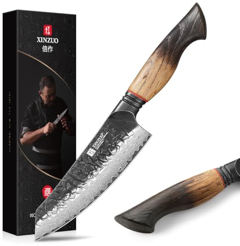 XINZUO 14,5cm Coltello Santoku Acciaio Damasco Nucleo in Acciaio 10Cr15CoMoV -Coltello da Chef da Cucina Forgiato a Mano Lame Affilate -per Carne, Pesce, Frutta e Verdura -Manico in Rovere Bianco
