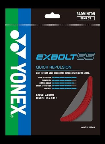 YONEX EXBOLT 65 Badminton Racket String, Gauge 0.65mm,Length 10M / 33FT, Quick Repulsion & Durability Choice of Colors (Red)