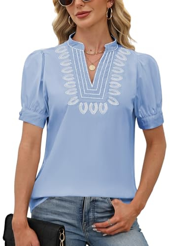 CiCiBird Womens Dressy Casual Blouses Boho Embroidered Shirts Work Business Top Trendy Vacation Clothes Royal Blue L