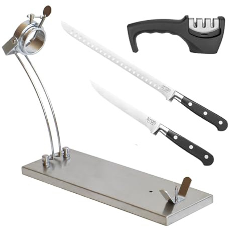 Supporto per Prosciutto in acciaio girevole | prosciutto base inox | Include coltello prosciutto Alveolos 25 cm, disossatore 15 cm, affilatore e custodia per prosciutto | adatto prosciutto e cazzuola