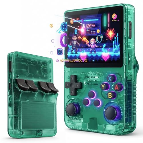 UTILIFY Consola Verde Retro R36S Portátil 64 GB con más de 15 000 Juegos para Adultos y Niños| Pantalla HD 3,5” | USB-C | Salida HDMI/AV | Batería 3000 mAh | Compacta y Ergonómica