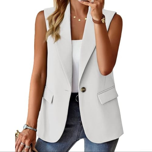 Garpotic Chaleco sin mangas para mujer, color liso, con botones, con bolsillos, para el trabajo, yoga, ciclismo, playa, vacaciones, verano, chaqueta ligera