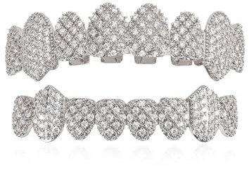 Hip Hop iced Out CZ sten tandkepsar för kvinnor män hängslen punk 8/8 glänsande zirkon tänder grillar smycken cosplay (silver)