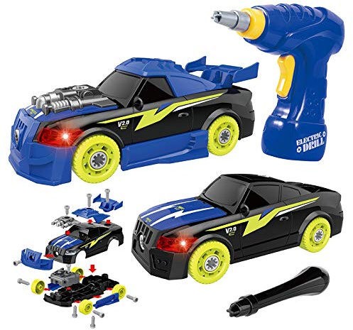 GILOBABY Kids Take Apart Toys Racing Car, 2 IN 1 Construction Tool Build Your Own Vehicle with Light & Sound, 26Pcs Preschool Toy with Electric Drill, 3D Auto for Girls Boys, Toys for Gift Age 3-6