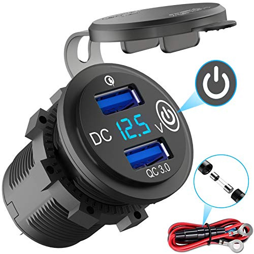 Quick Charge 3.0 Presa USB Carica per Auto con Interruttore: Qidoe Presa USB da 12 volt Impermeabile Adattatore Accendisigari con Display Voltmetro a LED Blu per Moto, Barca, Camion, Caravan