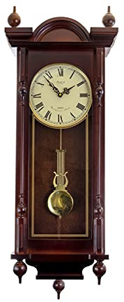 Bedford Clock Collection Grand 31 Inch Chiming Pendulum Wall Clock in Antique Mahogany Cherry Finish