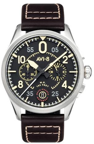 AVI-8 Herren 42mm Spitfire Lock Chronograph Midnight Oak Japanische Quarz-Fliegeruhr mit Lederarmband AV-4089-01