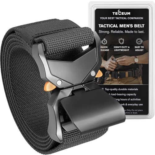 TECEUM Tactical Belt – Black B1 M – Heavy-Duty Military, Work, Hiking,Rigger, Utility, EDC Men’s Belts – Quick-Release – Nylon Web