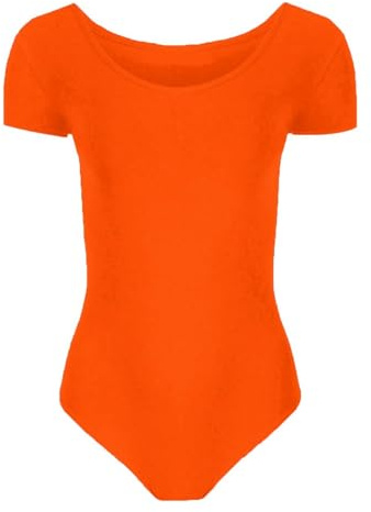 Hamishkane Bodysuit de manga corta para niñas, leotardo de baile de ballet para niños, leotardos elásticos de microfibra de manga corta para niñas, top de leotardo para niños, naranja neón, 9-10 años
