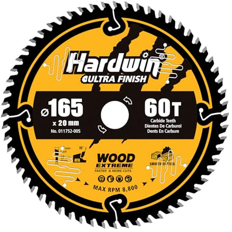 Hardwin Lame de Scie Circulaire 60 Dents 165mm x 20mm (Bois) - Adaptée à Toutes les Essences de Bois, Compatible avec les Modèles Dewalt et Makita