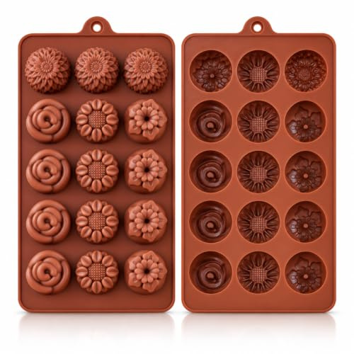 ENBRWAS Flower Silicone Chocolate Moulds, 2 Trays, 30 Cavities | Two chocolate-brown silicone trays with 30 floral cavities for small chocolates, sweets and dessert decorations.