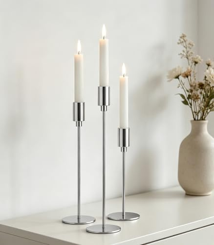 Filltown Set di 3 portacandele in argento con candelabri, 32/27/22 cm, portacandele in metallo decorativo vintage per camino, matrimoni, cene, compleanni, centri da tavolo, decorazioni per la casa