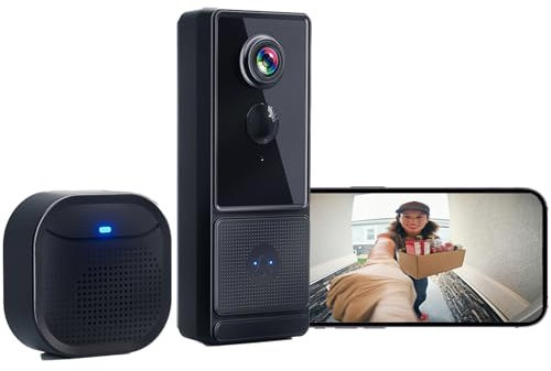 Sonnette WiFi sans Fil Exterieur Etanche 1080P IPX66 Sonnette sans Fil avec Camera Détection Humaine PIR Vision Nocturne Essai de 7 Jours du Stockage en Nuage Supporte la Carte SD Grand Angle 145°