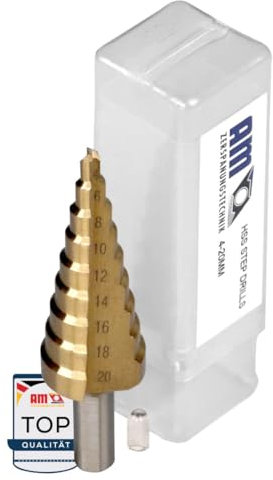 AM-Zerspanungstechnik Broca escalonada HSS TiN 4-20 mm | Broca cónica para metal, madera y plástico | Broca peladora | Broca escalonada de metal Ø4-20 HSS-TiN