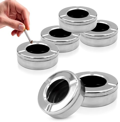 Edelstahl Sturmaschenbecher rund 11 cm mit abnehmbarem Deckel - 6er Set - Metall Tischaschenbecher silber mit Windschutz - Aschenbecher für draußen Windaschenbescher Tischascher wetterfest