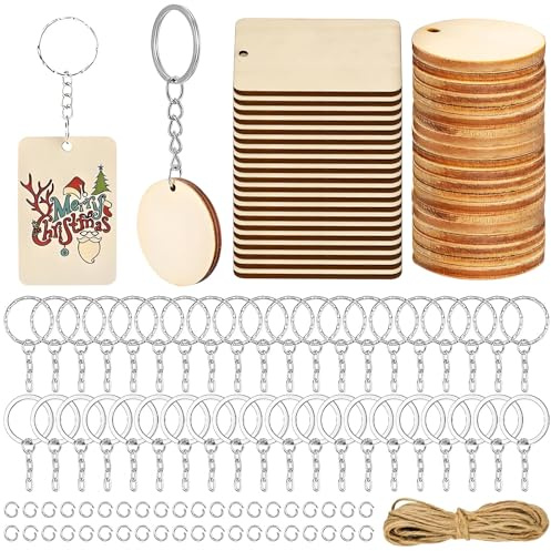 40 Llaveros Madera para Manualidades, Discos Madera 5cm con Llavero, Placas de Madera Redondas y Cuadradas, Ideal para Decoración Fin de curso, Regalos Personalizados, Etiquetas y Pirograbado