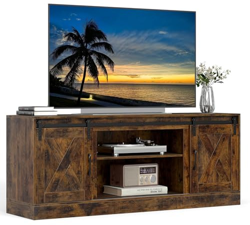 COSTWAY TV Stand Cabinet for 70 Inch TVs, 150cm Farmhouse Media Entertainment Center with Sliding Barn Door and Adjustable Shelves, Wooden TV Unit Console Table for Living Room Bedroom (Rustic Brown)
