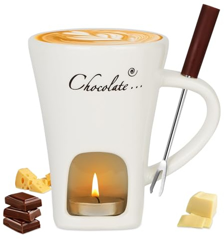 Vicloon Tasse à Fondue au Chocolat, 130 ML Services à Fondue au Chocolat, Set à Fondue au Chocolat en Céramique, Idéal Maison et Fêtes, Set à Fondue avec Fourchette pour Fromage, Chocolat (Blanc)