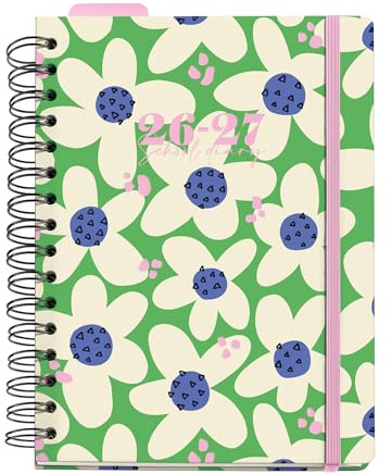 Miquelrius - Skolkalender 2026 2027 dag per sida A5+, Green Bloom | Flerspråkig 6 språk, 100 g/m² papper, papplock, gummi, dubbla spiraler, avdelare, ficka, linjal och klistermärken