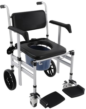 Sedia a rotelle per WC 3 in 1, in lega di alluminio, pieghevole, altezza regolabile 46 – 54 cm, portata 150 kg, ruote con freni, per anziani, donne incinte e disabili