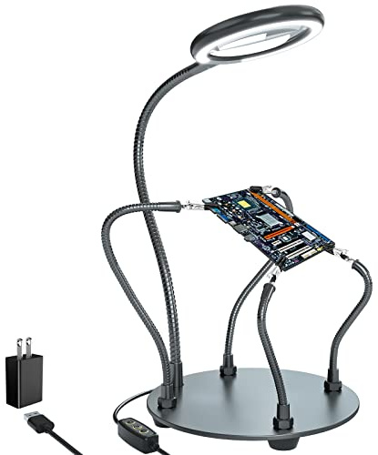 XYK Helping Hands Soldering Station with 3X Magnifying Glass with light, 4 Flexible Helping Hand Arms Magnifier and Third Hand Soldering Tool for Electronic Repair Soldering Jewelry Crafts