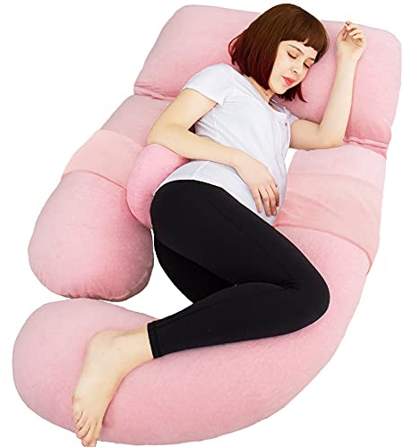 AS AWESLING 60in Full Body Pillow | Nursing, Maternity and Pregnancy Pillow | Extra Large U Shape Pillows with Detachable Side, Separate Support Pillow and Removable Cover Velvet (Light Pink)