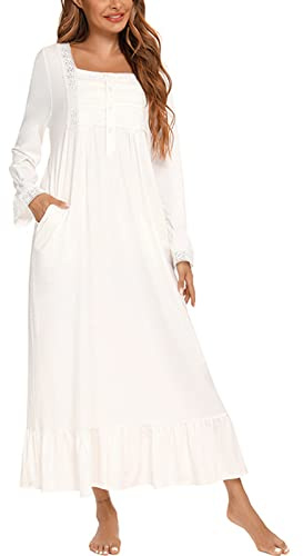 aromm Femmes Chemise de Nuit Patte Boutonnage Victorien Manche Longue Allaitement Maternel Pyjama Blanc, XL