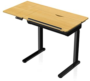 - AGIL - elektrisch ergonomisch höhenverstellbarer Zeichentisch - schwarzes Gestell & Ahorn Tischplatte 120x60 cm mit Schublade - Memory Funktion - USB - Arbeitsfläche stufenlos neigbar bis zu 45°