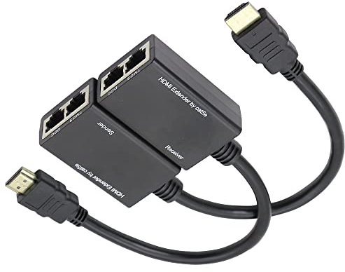 SHANFEILU Câble d'extension HDMI vers RJ45 sur réseau LAN Ethernet Cat 5e/6 29,9 m 1080p HDMI mâle vers RJ45 Adaptateur émetteur + récepteur 30 m 2 Ports
