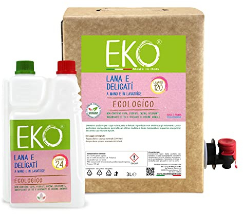 Eko Detersivo Lavatrice Lana e Delicati, Profumo Floreale, Kit Bag in Box 3L e Detersivo 600ml - Ecologico Concentrato