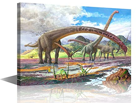 Jurassic Period Mamenchisaurus Wall Art Painting Print on Canvas Animal Dinosaur Pictures for Home Decor Children's Decoration Room Stretched and Frame Ready to Hang 12x18inch (30x45cm)