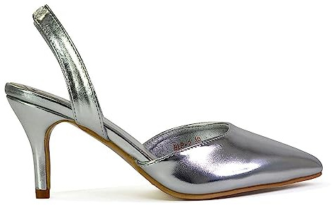 Womens Slingback Low Heel Court Shoes Ladies Point Toe Bridal Evening Party Silver Pumps Size 7