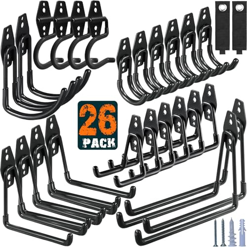HUPBIPY 26 Pack Garage Hooks Heavy Duty Utility Steel with Anti-Slip Coating Wall Mount Storage Organizer for Hanging Power and Garden Tools, Ladders, Hose, Bikes, Ropes, Bulk Items, and More
